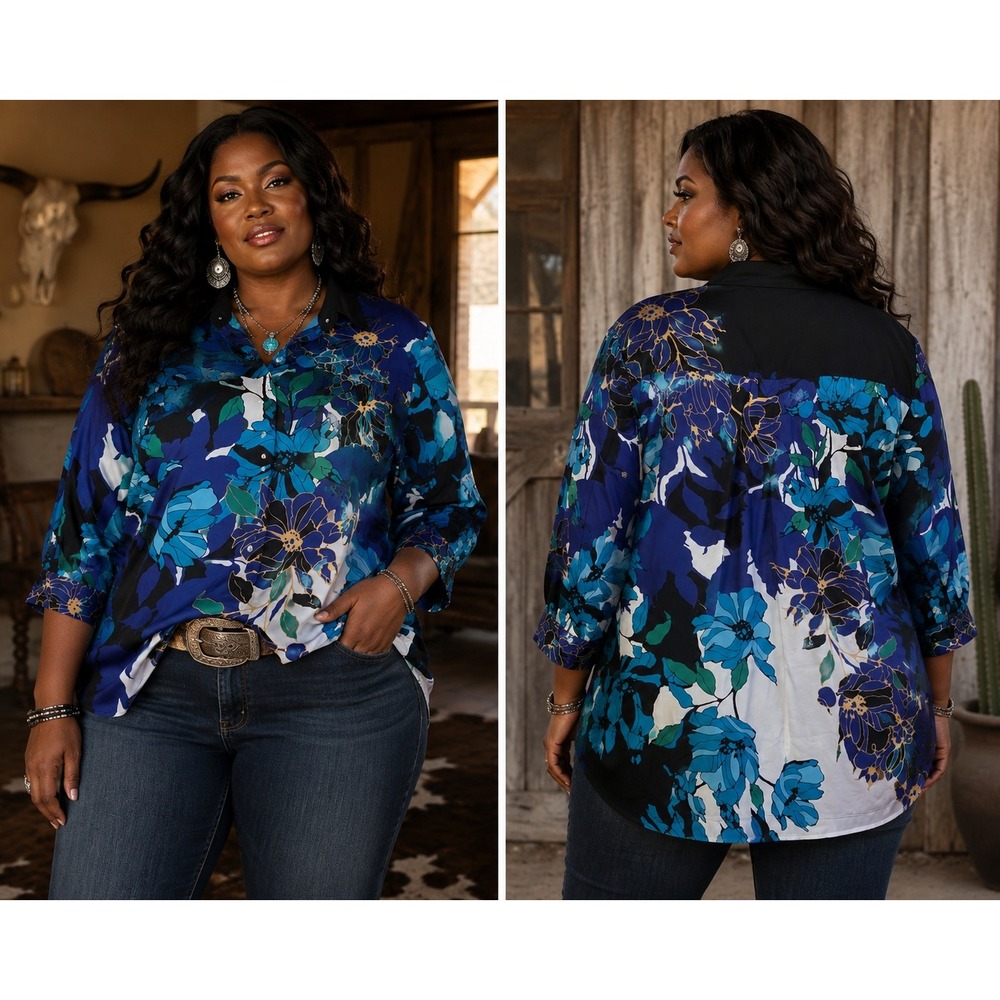 Chico's Women 18 XL Button Down Shirt‎ Blue Floral Cotton Blend Blouse Top